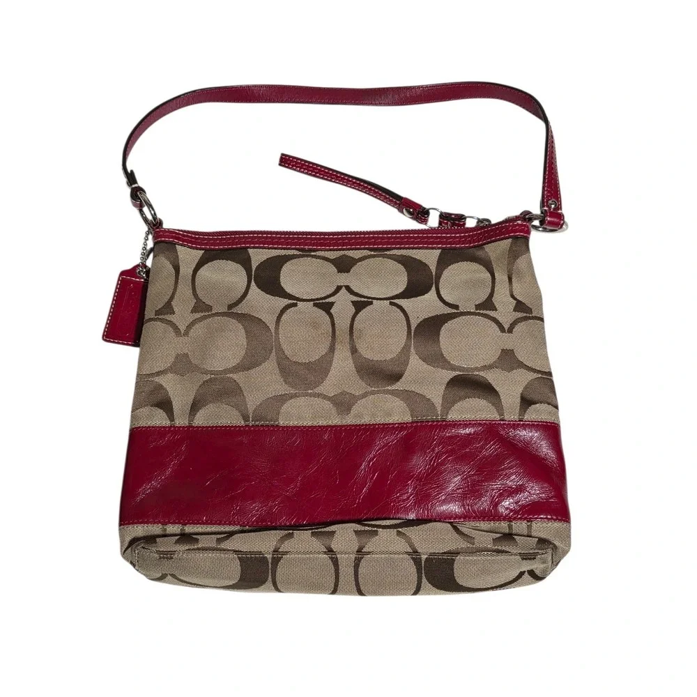Coach Signature Canvas Shoulder Bag Red Leather Trim Zip‎ Hobo Purse